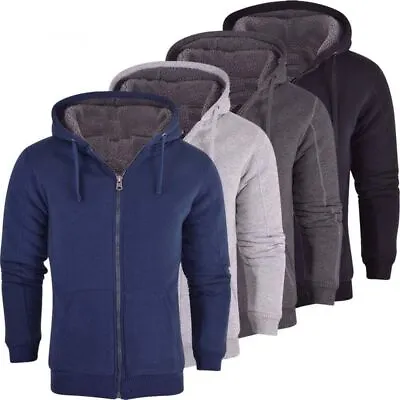 Buy Mens Sherpa Fleece Fur Lined Winter Plain Hoodie Jacket Thick Hooded Zip Top New • 23.99£