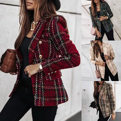 Buy Women Check Plaid Tartan Coat Office OL Blazer Tweed Duster Suit Jacket Outwear • 7.43£