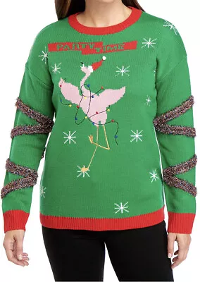 Buy Womens Ugly Christmas Sweater Green Red Party Flamingos Tinsel Lights Medium NEW • 52.05£