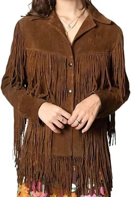 Buy Women Western Brown Leather Suede Cowgirl Native American Fringes Tassels Jacket • 132.29£