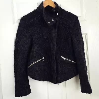 Buy Whistles Womens Mohair / Wool Mix Zip Up Black Biker Jacket UK 10 Teddy Gothic • 24£