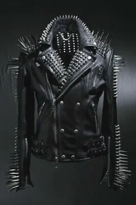 Buy Hallowen Long Spiked Silver Studded Rocker Punk Style Black Biker Leather Jacket • 304.45£