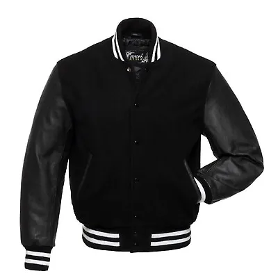 Buy Black Wool Real Leather Sleeves Varsity Jacket Rib Black&White • 79£