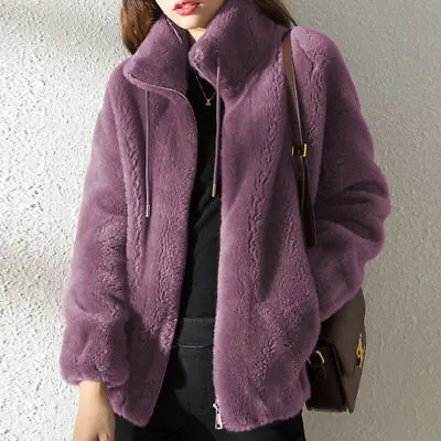 Buy Womens Stand-up Collar Coat Ladies Plain Zip Up Pocket Jacket Fleece Fluffy Tops • 13.99£