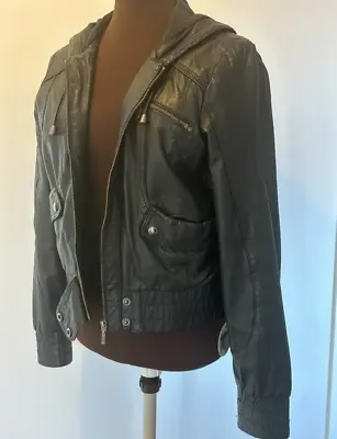 Buy Vintage Topshop Hooded Black Leather Jacket Size 12 • 45£