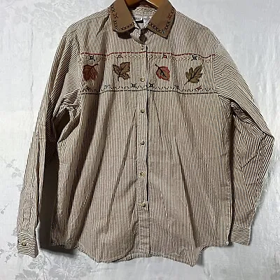 Buy Capacity Vintage Button Up Shirt Large Brown Striped Fall Leaf Embroidered • 19.14£