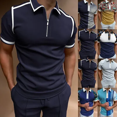 Buy Mens Zip Up Polo Shirt Patchwork Colorblock Short Sleeve Regular Golf Work Tops • 2.99£