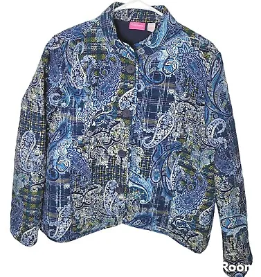 Buy Womens Quilted Cotton Jacket Paisley Floral Blue Green Plaid Lined L • 23.13£