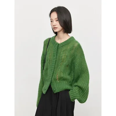 Buy Womens 32% Mohair 28% Wool Twisted Round Neck Wool Knitted Cardigan Sweater Coat • 109.22£