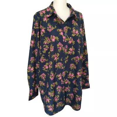 Buy Woman Within Floral Button Front Shirt Sz 20 Top Shacket Cottagecore Cotton Navy • 14.44£