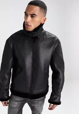 Buy New Mens Mennace Warm Winter Black Faux Leather Bomber Jacket Large • 20£