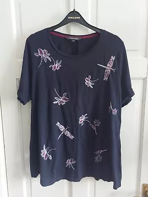 Buy Bonmarche Navy Blue Embroidered Flowers Dragonflies Top T Shirt Size Uk 18 • 14.99£