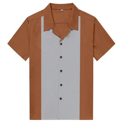 Buy Male Splicing Beer Shirt Casual Fifties Bowling Shirt Brown Rockabilly Clothing • 17.87£