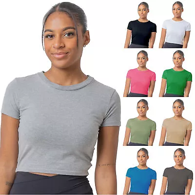 Buy Ladies T-Shirt Crop Top Vest Round Neck Cotton Rich Elastane Stretch Size 8-22 • 5.99£