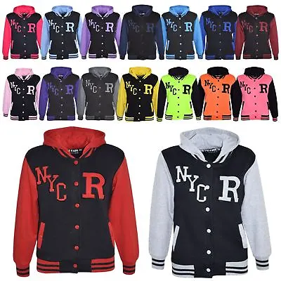 Buy Kids Girls Boys Baseball Hooded R Fashion NYC Jacket Varsity Coat Long Sleeves • 11.99£