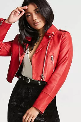 Buy Women Red Lambskin Motorcycle Biker Aviator Short Body Cropped Leather Jacket • 79.99£