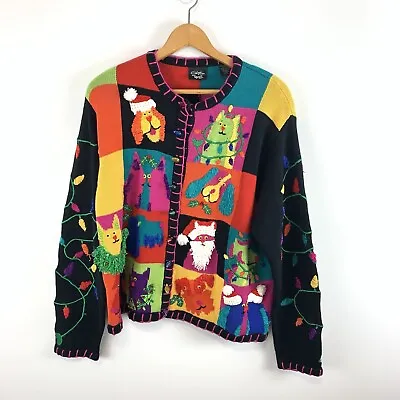 Buy Dogs Cats Christmas Colorful Cardigan Christina Rotelli Womans Size XL Vintage • 47.25£