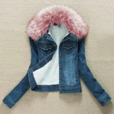Buy Ladies Fleece Sherpa Lined Denim Jacket Warm Faux Fur Pink Collar Top Coat Slim • 57.44£