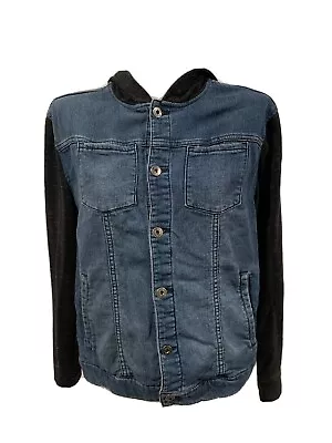 Buy Art Class Kids Knit Sleeve Denim Jacket Hoodie- Distressed Wash Denim XL (16) • 8.11£