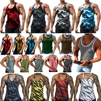 Buy Men Gym Vest Racerback Bodybuilding Muscle Stringer Plain Tank Slim Top Fitness • 8.64£