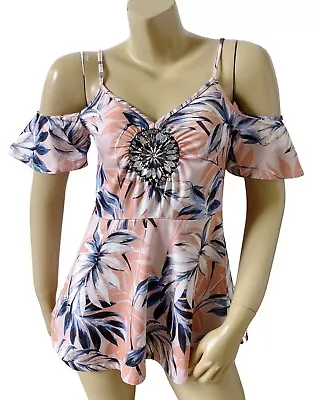 Buy VENUS Womens Size Small Cold Shoulder Rhinestone Beaded Tropical Tunic Shirt Top • 17.42£