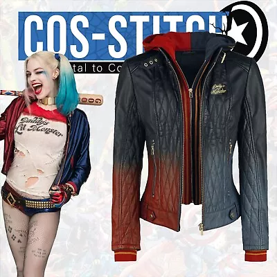 Buy Harley Quinn Property Of Joker Genuine Leather Hooded Leather Cosplay Jacket • 161.03£