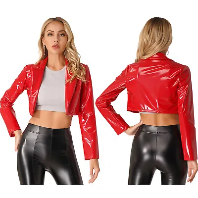 Buy Womens Patent Leather Jackets Wet Look Long Sleeve Coat For Party Music Festival • 17.99£