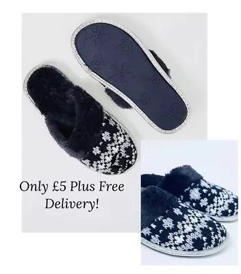 Buy Ladies Slippers GEORGE Navy Knitted FairIsle Mule Soft Warm Fur Low Non Slip NEW • 5£