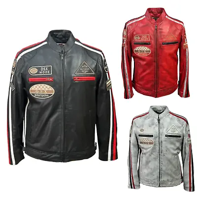 Buy Men's Real Leather Jacket Motorcycle Band Collar Patch Fashion Biker Jacket • 119.99£