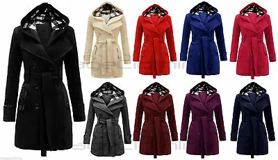 Buy Women's Check Hooded Belted Winter Duffle Coat Long Buttoned Fleece Jacket • 16.99£