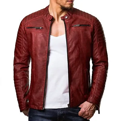 Buy Mens Real Leather Jacket Cafe Racer Black Red Genuine Slim Fit Moto Biker New • 65.99£