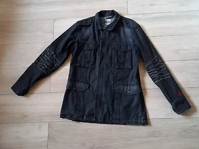 Buy Firetrap Black Seal Denim Jacket Black Distressed Arms Pockets Zip Up - Size L • 29.99£