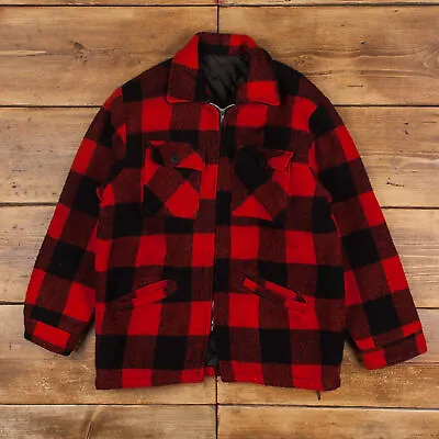 Buy Vintage Wool Jacket M 60s Buffallo Quilted Lined Plaid Red Zip • 58.49£