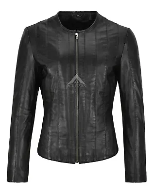 Buy Women Collarless Leather Jacket Black Genuine Leather Casual Fashion Jacket 1926 • 93.66£
