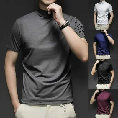 Buy Mens Mid Neck Basic Plain T-Shirt Blouse Pullover Short Sleeve Top Bottoming Top • 23.48£