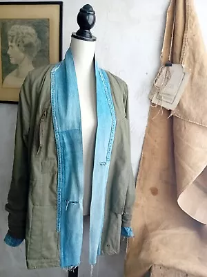 Buy Kimono Style Parka Jacket Coat Khaki Green Denim Raw Edged Distressed Urban Look • 65£