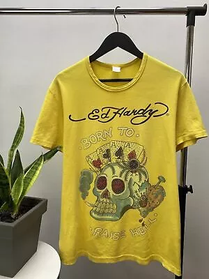 Buy Ed Hardy Skull Born To Raised Hell T Shirt Yellow Men Biker Rare • 54.92£