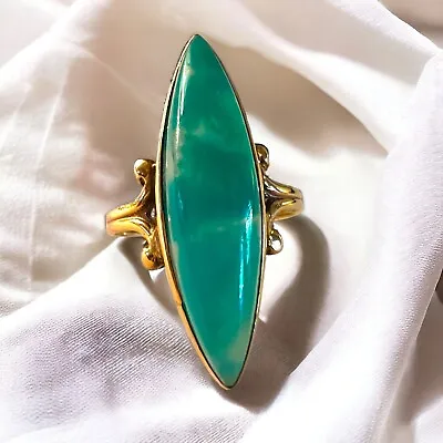 Buy REAL 10k Yellow Gold ANTIQUE Green Agate Ring Sz 6 Victorian Navette Chrysoprase • 1,211.95£