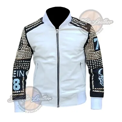 Buy S1081 Plein Cowboy White Studded Leather Jacket Punk Western Style Leather Coat • 168.99£