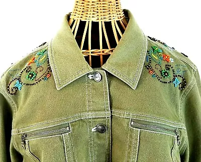 Buy ITW By Claude Brown Women's Green Denim Jacket Size 12 Embroidered & Beaded Boho • 21.68£