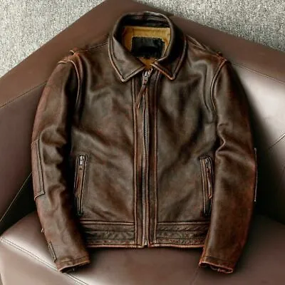 Buy Men’s Motorcycle Vintage Cafe Racer Distressed Brown Biker Real Leather Jacket • 89.99£