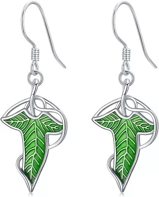 Buy Lord Of The Rings Jewelry 925 Sterling Silver Elven Green Leaf Drop Earrings Lor • 95.32£
