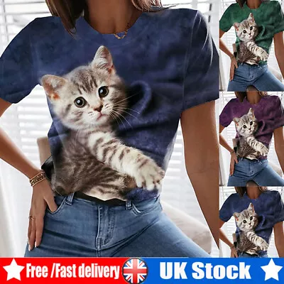 Buy Women 3D Cat Funny Print Short Sleeve T-shirt Top Casual Pullover Blouse Shirts  • 5.69£