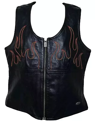 Buy Harley Davidson Leather FLAMES Vest Womens Sz M Red Embroidered Metal Logo Tag • 48.21£