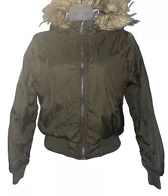 Buy Missguided Khaki Size 4 Ladies Bomber Style Faux Fur Hooded Cropped Jacket • 12.99£