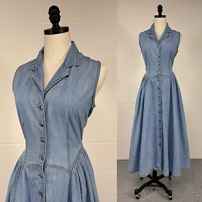 Buy Vintage 80s Forenza Denim Shirtwaist Swing Dress Full Sweep Western Prairie M 10 • 120.53£