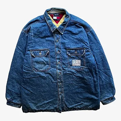 Buy Vintage 90s Tommy Hilfiger Blue Denim Shacket Jacket, Skateboard Workwear Chore • 75£