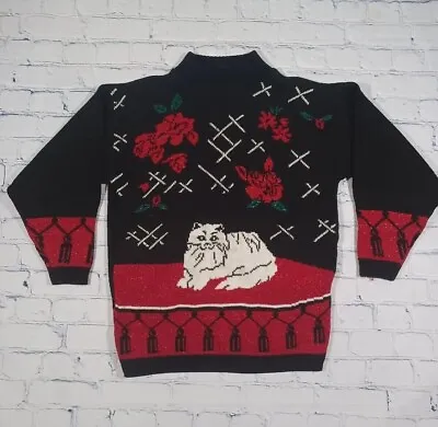 Buy Spunky Sweater Womens One Size Black Red Cat Flowers Vintage 80s • 33.14£