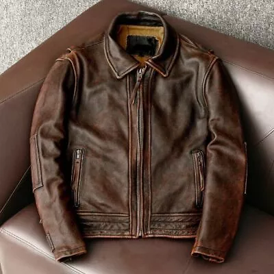 Buy Men’s Motorcycle Vintage Cafe Racer Distressed Brown Biker Real Leather Jacket • 94.50£