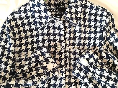 Buy New Size M ZARA Dogtooth Houndtooth Tweed Cotton Jacket, Rhinestone Buttons • 24.80£